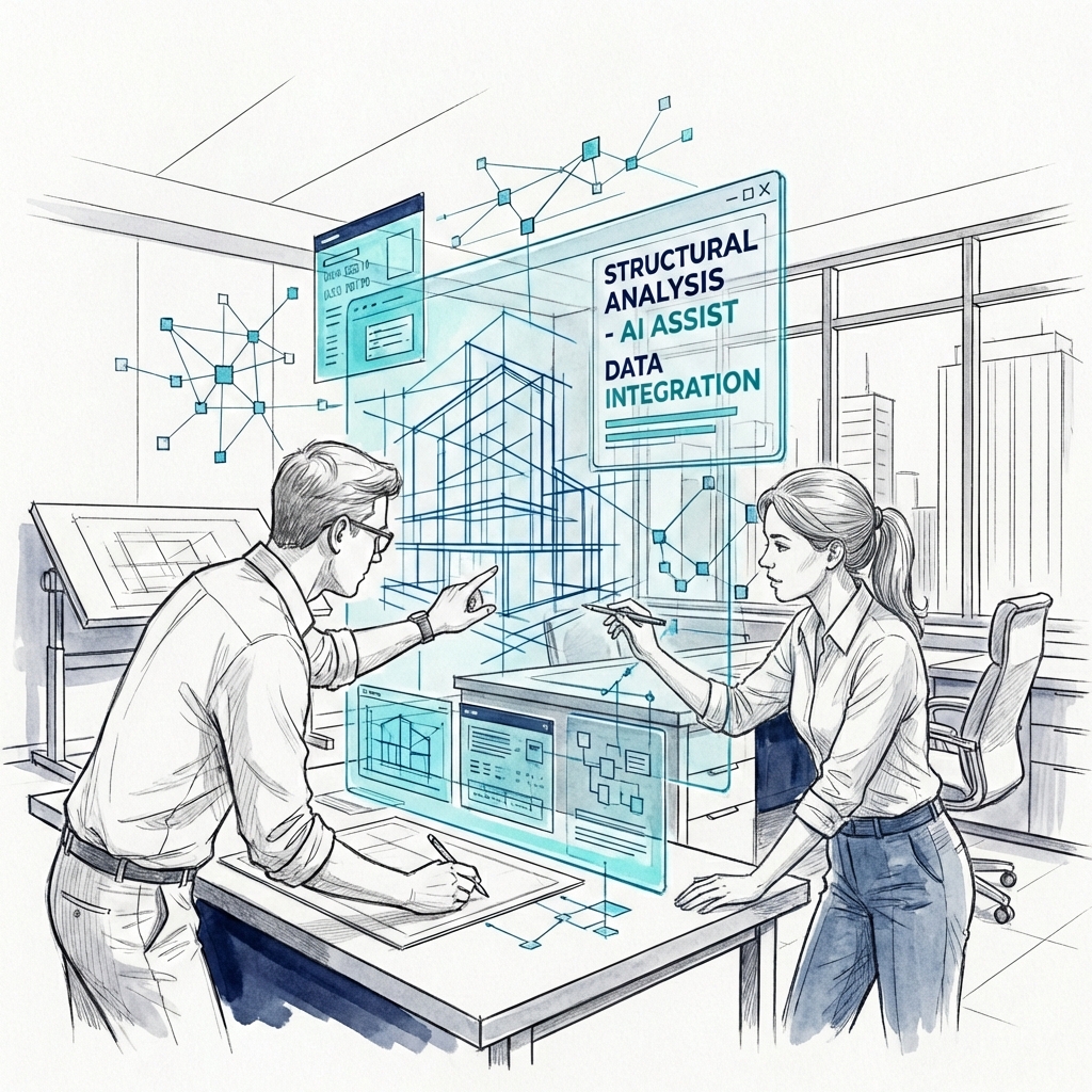 Human-in-the-loop: Engineers collaborating with AI blueprints